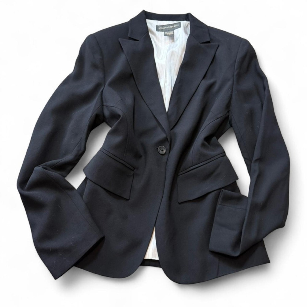 Vintage Y2K Banana Republic‎ Black Wool Blend Tailored Blazer, Women's Size 8